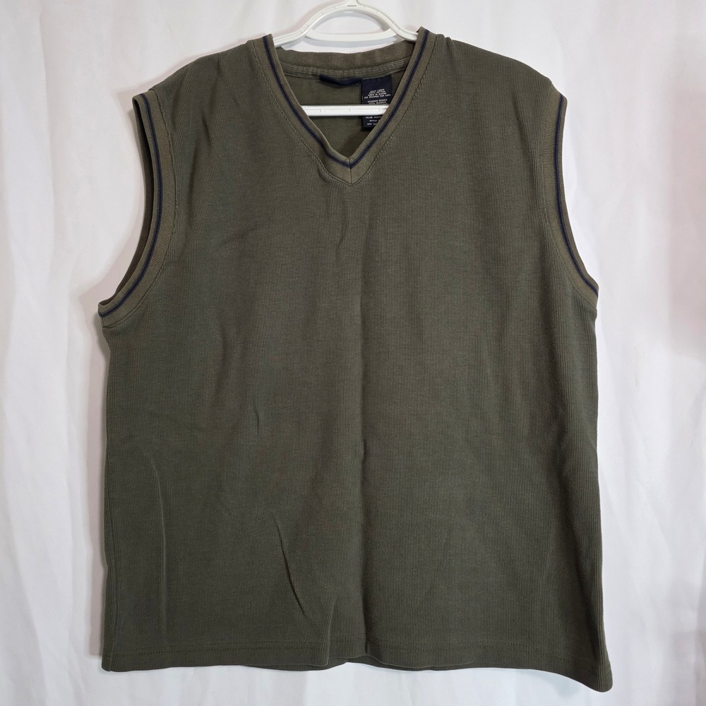 Faded Glory Sweater Vest Mens Large Green Ribbed V-Neck Preppy Retro Cotton Knit